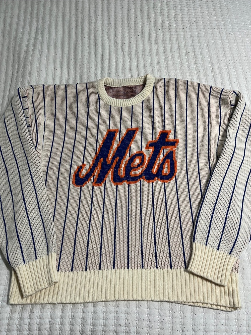 Mets Baseball Cream Pinstripe Crewneck Sweater with Blue and Orange